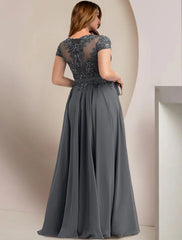 Mother of the Bride Dresses Plus Size Curve Hide Belly Wedding Guest Party Elegant Jewel Neck Floor Length Chiffon Lace Short Sleeve