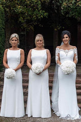 Boat Neck Sleeveless White Bridesmaid Dress with Open Back