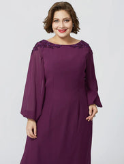Sheath / Column Mother of the Bride Dress Formal Classic & Timeless Elegant & Luxurious Plus Size Bateau Neck Floor Length Chiffon Long Sleeve No with Beading Appliques