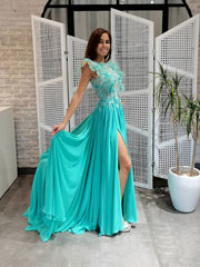 Green round neck chiffon lace long prom dress, green evening dress