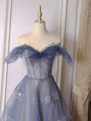 Blue tulle off shoulder long prom dress, blue tulle formal dress