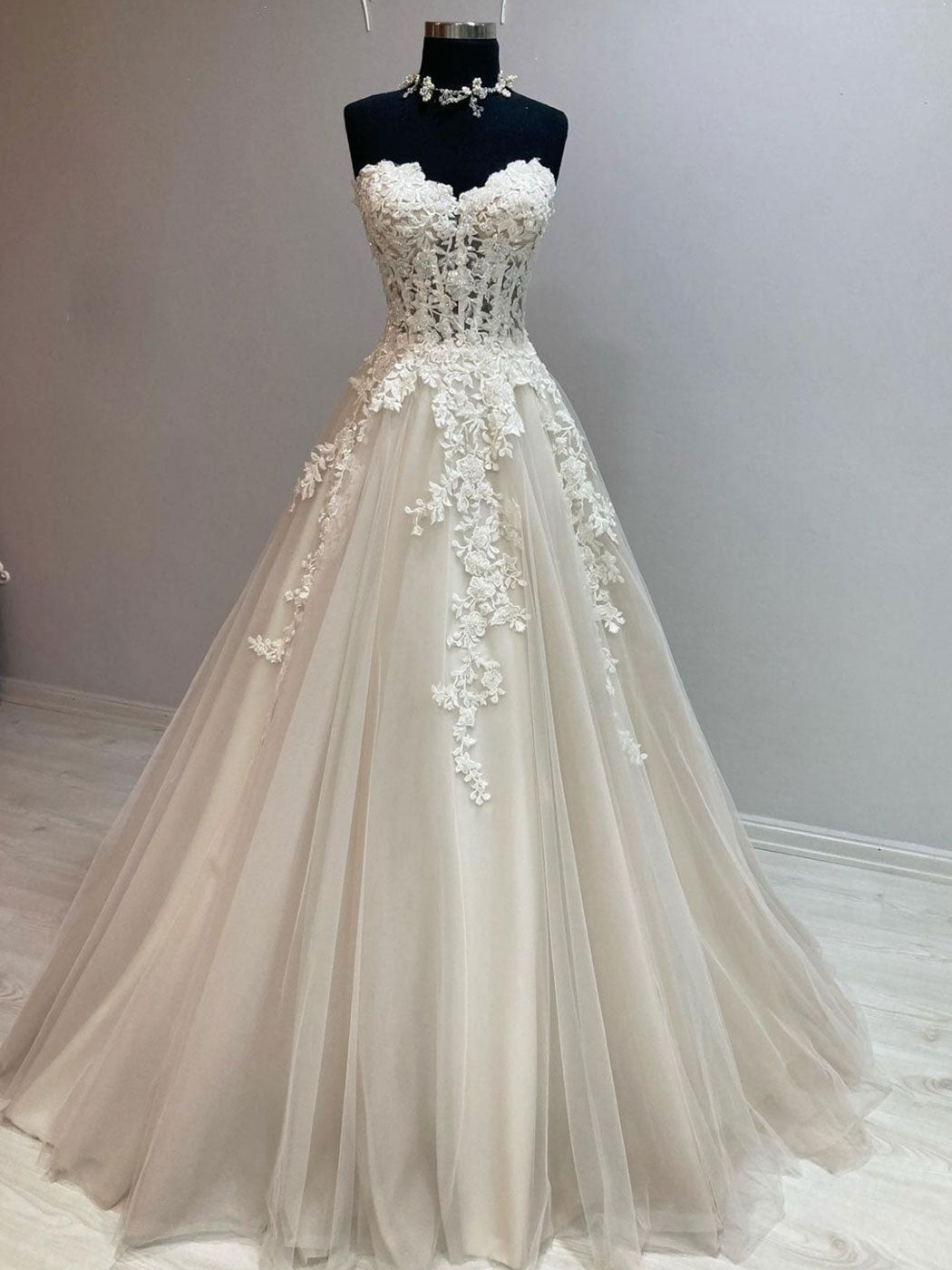 Unique tulle lace long wedding dress, tulle lace bridal dress