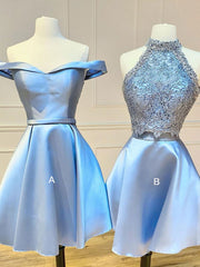 Blue Satin Short Cocktail Dress Classy Night Party