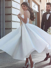 White v neck satin tea length prom dress white formal dress
