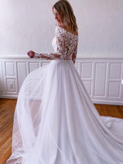 White tulle lace long prom dress, white lace bridesmaid dress