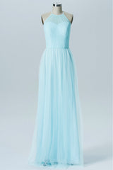 Light Blue Halter Sweetheart Tiered Bridesmaid Dress