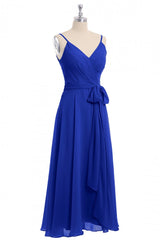 Royal Blue V-hals spaghetti riemen thee-lengte bruidsmeisje jurk
