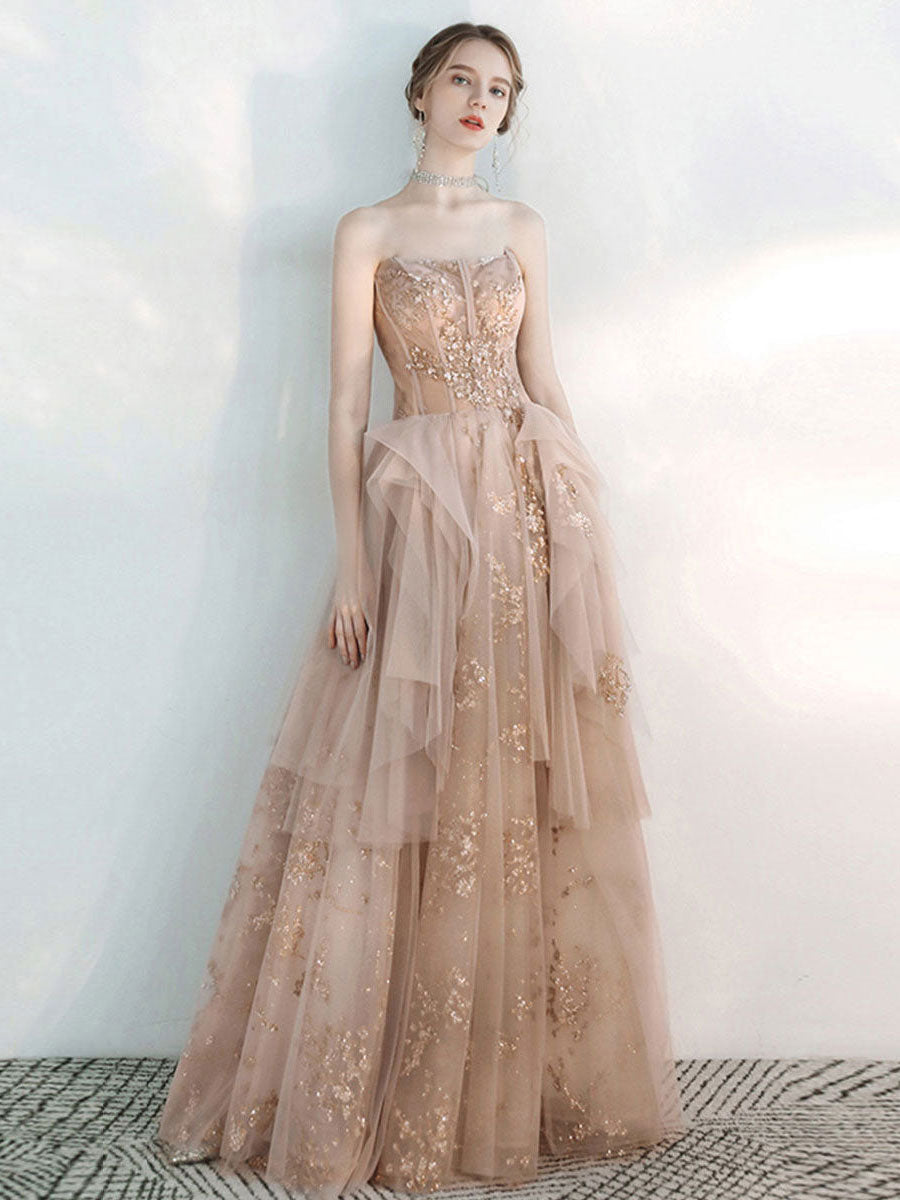 Champagne A line tulle lace long prom dress, champagne evening dress