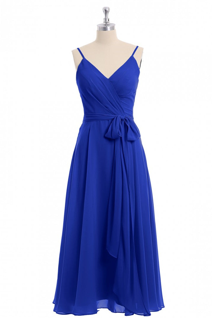 Royal Blue V-hals spaghetti riemen thee-lengte bruidsmeisje jurk