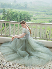 Green tulle long prom dress, green tulle formal dress