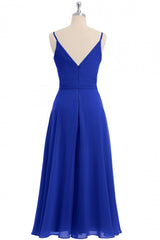 Royal Blue V-hals spaghetti riemen thee-lengte bruidsmeisje jurk