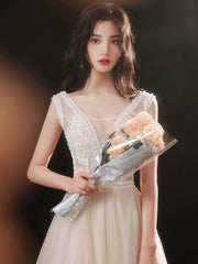 Champagne v neck lace tulle long prom dress, champagne evening dress