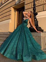 Green v neck sequin long prom dress, green tulle formal dress