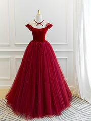 Burgundy tulle off shoulder long prom dress, burgundy tulle formal dress