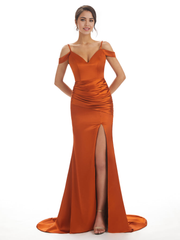 Mermaid Off The Shoulder Satin formal dresses evening gown Bridesmaid Dresses With Side Slit