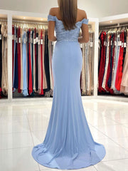 Blue chiffon lace mermaid long prom dress, blue evening dress