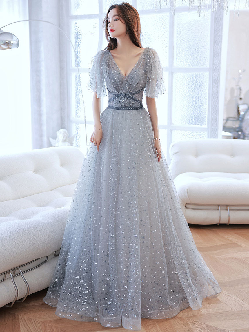 Gray v neck tulle long prom dress, gray A line evening dress