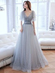 Gray v neck tulle long prom dress, gray A line evening dress