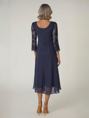 Lace Sheer Sleeves Scoop Neck Chiffon Illusion Stormy