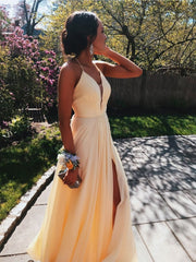 Yellow Prom Dress with Slit, Prom Dresses, Pageant Dress, Evening Dress, Graduation School Party Gown