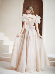 Champagne tulle A line beads long prom dress, champagne evening dress