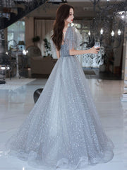 Lovely Grey Shiny Tulle V-neckline Puffy Sleeves Long Prom Dresses, Grey Evening Dresses