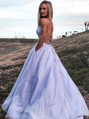 Purple v neck tulle sequin long prom dress purple evening dress