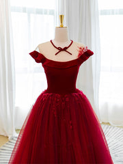 Burgundy tulle off shoulder long prom dress, burgundy tulle formal dress