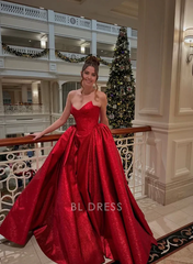 A Line Strapless Pretty Red Satin formal dresses Bridesmaid Dresses evening gown Prom Dress