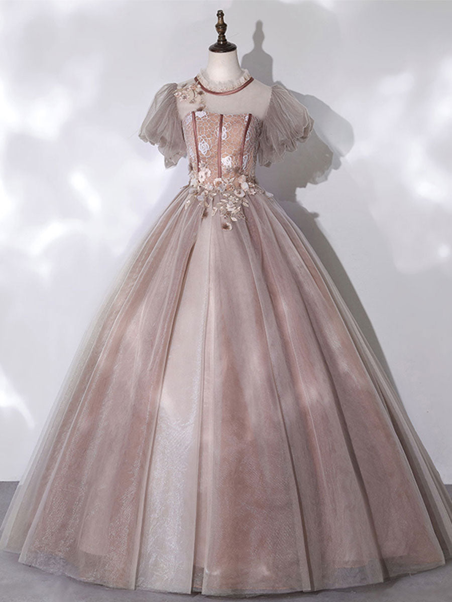 Pink tulle lace long prom dress pink lace prom gown