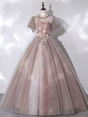Pink tulle lace long prom dress pink lace prom gown