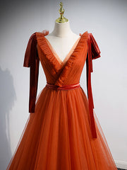 V Neck Tulle Brick Red Long Prom Dresses, Simple Formal Gown Graduation Dresses