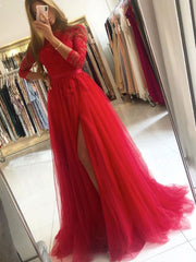 Black tulle lace long prom dress, black tulle formal dress