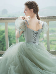 Green tulle long prom dress, green tulle formal dress
