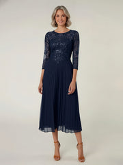 Embroidered Sequin Bodice Pleated Tea-Length Dress As Picture