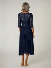 Embroidered Sequin Bodice Pleated Tea-Length Dress As Picture