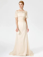 Sheath / Column Mother of the Bride Dress Elegant Off Shoulder Sweep / Brush Train Chiffon Lace Short Sleeve with Pleats