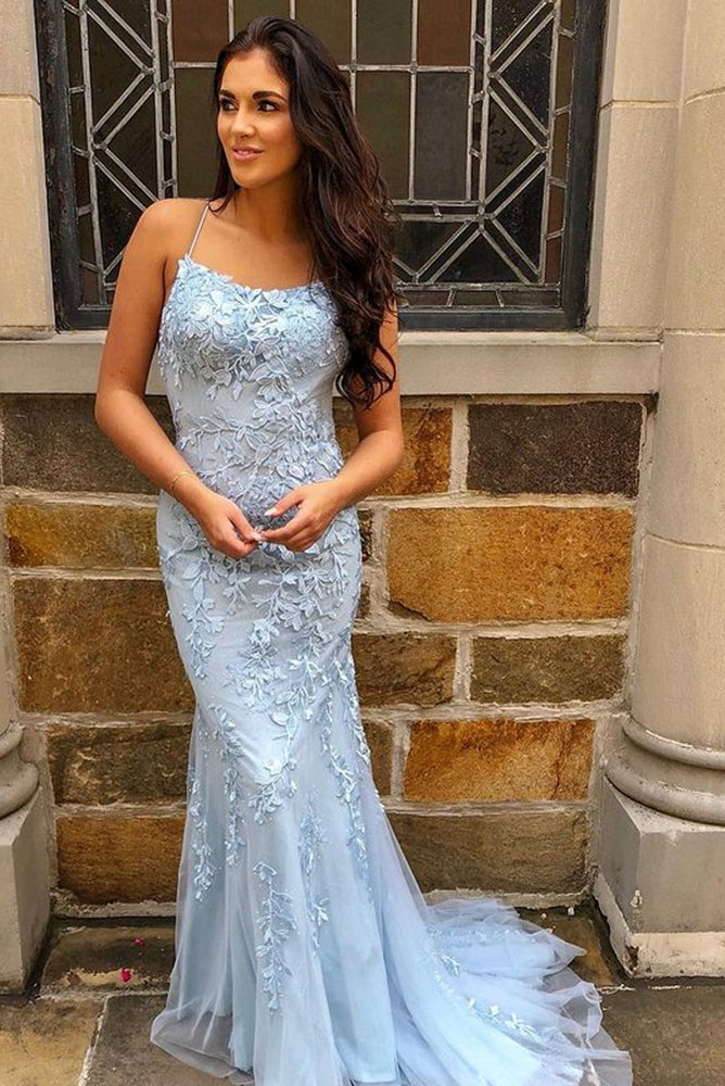 Tulle Mermaid Long Prom Dresses with Appliques and Beading