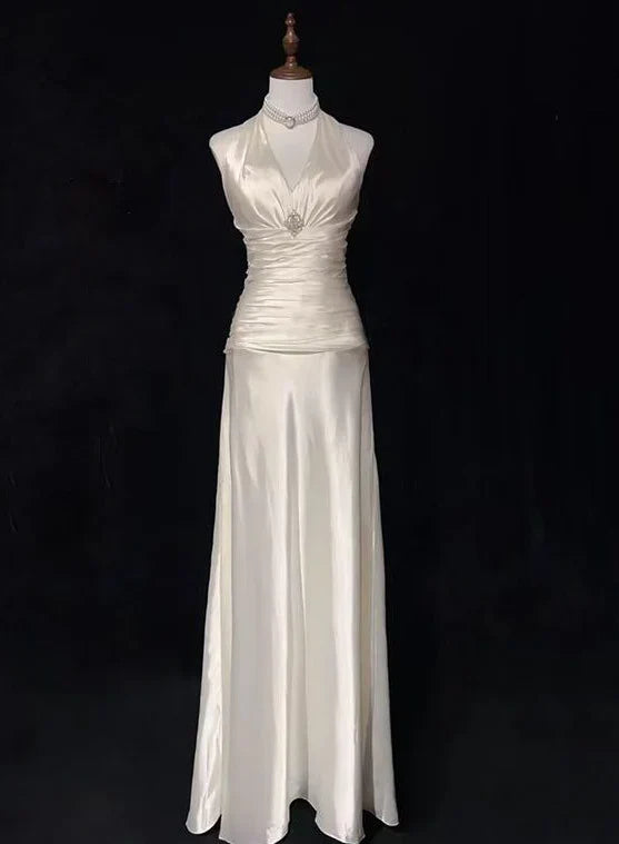 V Neck A Line Satin Long Prom Dresses Halter Wedding Dress