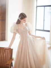 Champagne tulle A line beads long prom dress, champagne evening dress
