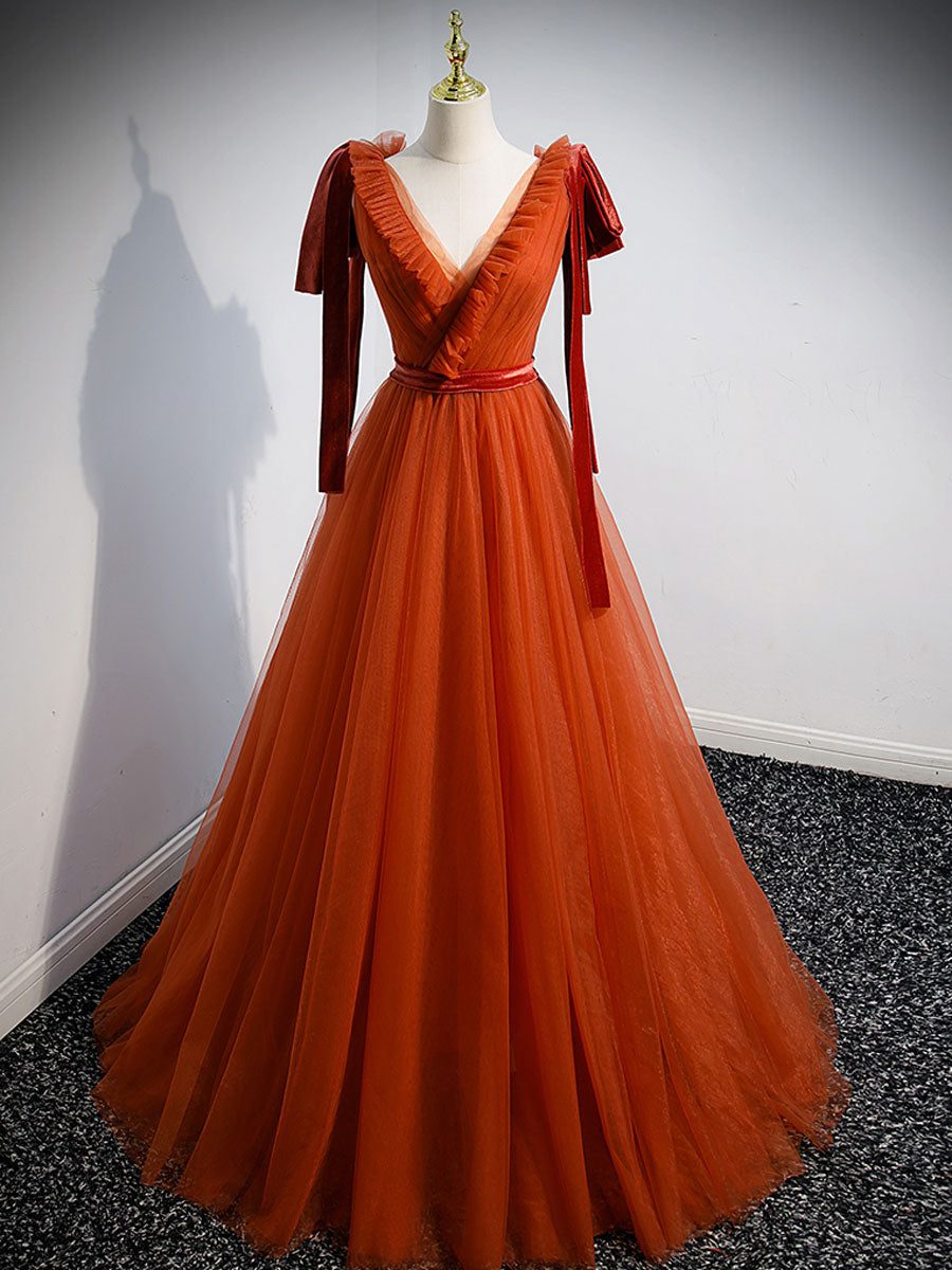 V Neck Tulle Brick Red Long Prom Dresses, Simple Formal Gown Graduation Dresses