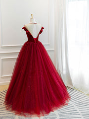 Burgundy tulle off shoulder long prom dress, burgundy tulle formal dress