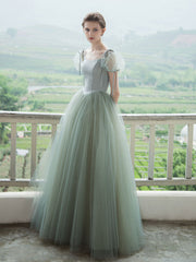 Green tulle long prom dress, green tulle formal dress