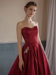 Burgundy satin long prom dress, burgundy satin evening dress