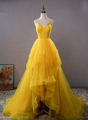 Yellow v neck tulle long prom dress high low long yellow graduation dress