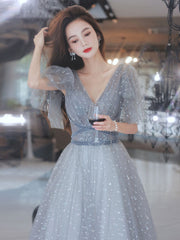 Gray v neck tulle long prom dress, gray A line evening dress