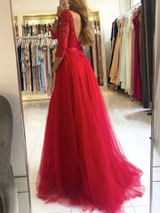 Black tulle lace long prom dress, black tulle formal dress