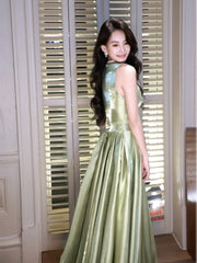 A-Line V Neck Green Tea Length Prom Dress