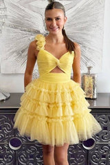 One Shoulder Light Blue A-Line Layered Tulle Homecoming Dress