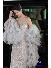 Elegant Mermaid Sweetheart Neckline Silver Sequin Evening Dress Long Prom Dresses HZ1024